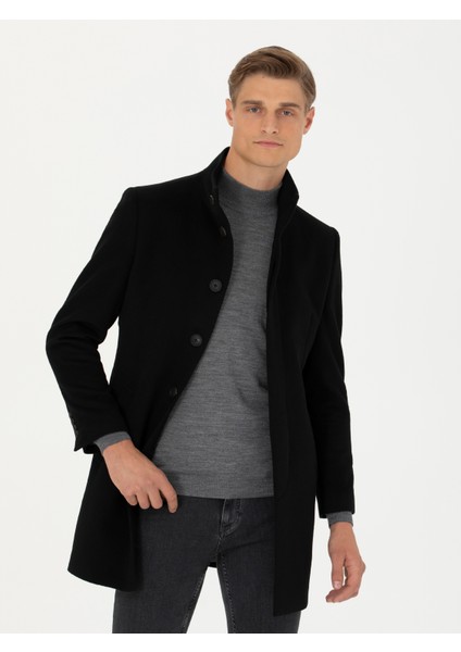 Erkek Siyah Yün Karışımlı Slim Fit Palto 50270707-VR046