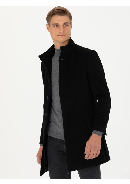 Erkek Siyah Yün Karışımlı Slim Fit Palto 50270707-VR046 modelleri