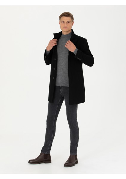 Erkek Siyah Yün Karışımlı Slim Fit Palto 50270707-VR046 fırsatları