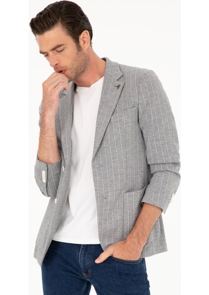 Erkek Açık Gri Slim Fit Çizgili Yün Karışımlı Ceket 50284497-VR001