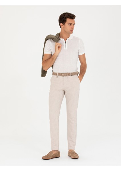 Erkek Bej Slim Fit Keten Karışımlı Kanvas Pantolon 50266863-VR011