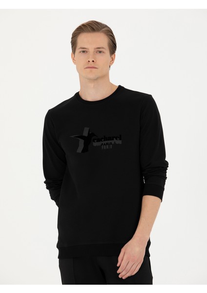 Erkek Siyah Regular Fit Pamuk Karışımlı Bisiklet Yaka Sweatshirt 50272526-VR046