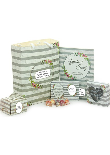 10 Adet Isme Özel Çantalı Şekerli Magnetli Tesbihli Bebek Mevlüt Hediyesi Yasin Kitabı Seti Gri