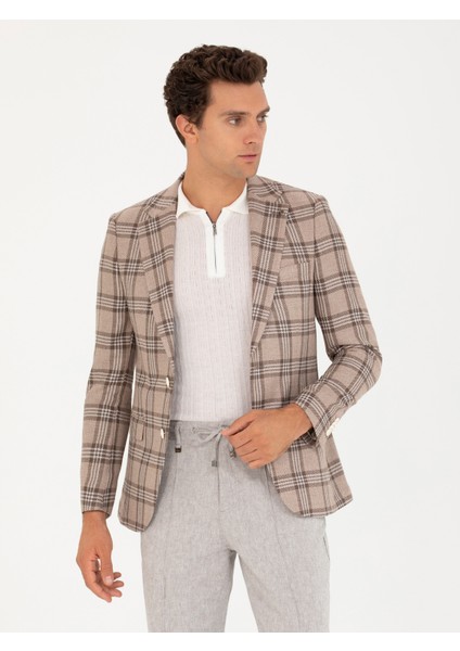 Erkek Kahverengi Slim Fit Keten Karışımlı Ceket 50264760-VR029