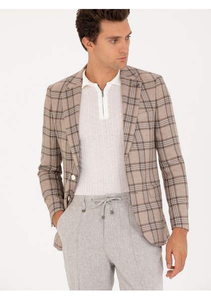 Erkek Kahverengi Slim Fit Keten Karışımlı Ceket 50264760-VR029