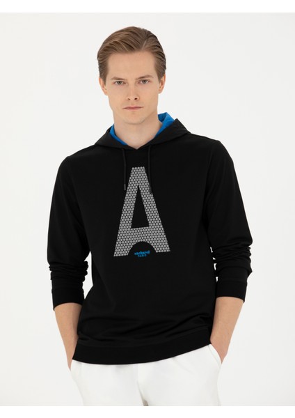 Erkek Siyah Regular Fit Pamuk Karışımlı Kapüşonlu Sweatshirt 50272525-VR046