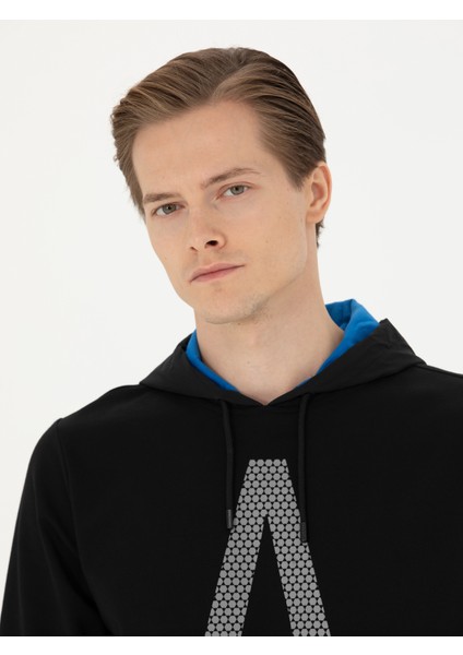 Erkek Siyah Regular Fit Pamuk Karışımlı Kapüşonlu Sweatshirt 50272525-VR046 fiyatları