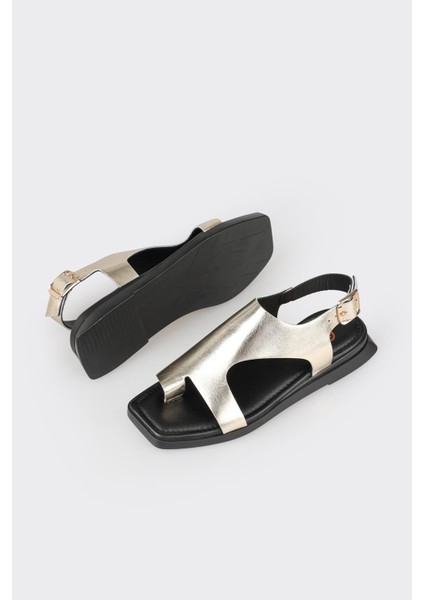 Gold Deri Kadın Düz Sandalet modelleri