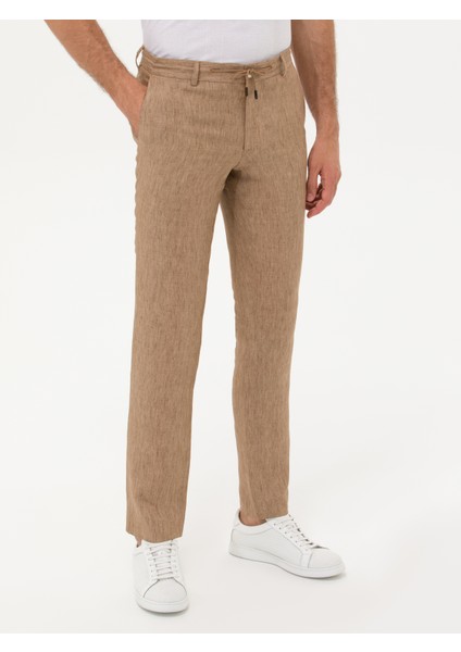 Erkek Kahverengi Slim Fit Beli Bağcıklı %100 Keten Pantolon 50268873-VR029 fiyatları