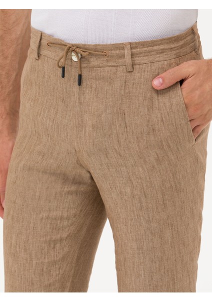 Erkek Kahverengi Slim Fit Beli Bağcıklı %100 Keten Pantolon 50268873-VR029 indirimleri