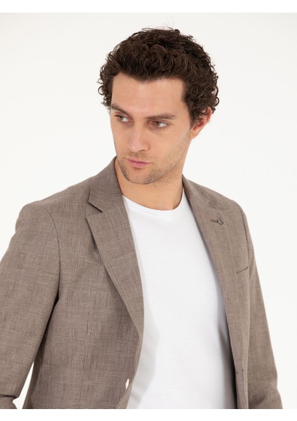 Erkek Kahverengi Slim Fit Keten Karışımlı Ceket 50265204-VR029