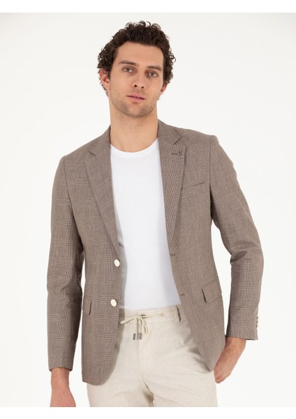 Erkek Kahverengi Slim Fit Keten Karışımlı Ceket 50265204-VR029