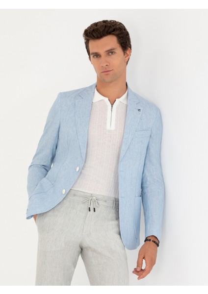Erkek Açık Mavi Slim Fit %100 Keten Ceket 50268891-VR003