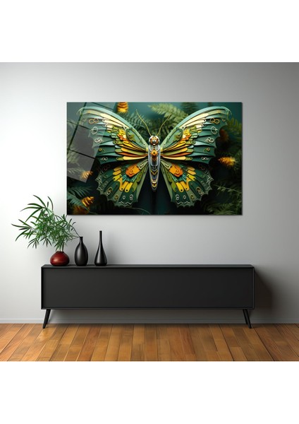 Roboti̇k Yeşi̇l Kelebek Dekorati̇f Yatay Cam Tablo, Ev Dekorasyon modelleri