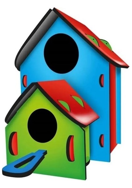 Maket Boyanabilir Kuş Evi Boyama Maketi Naturel Ahşap Boyama Bırd House 6 Renk Akrilik Boya Fırça
