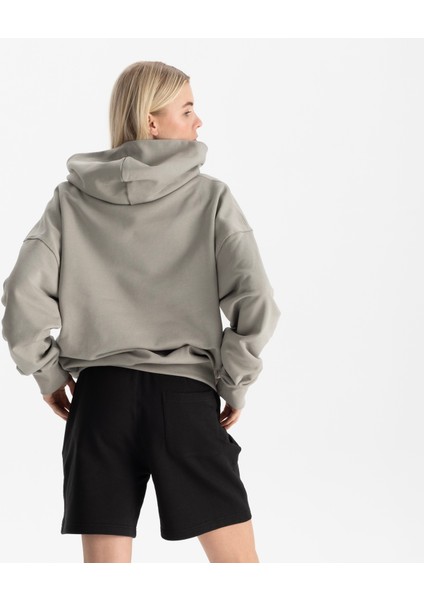 Kadın Gri %100 Organik Pamuk Kanguru Cepli Fermuarlı Kapüşonlu Oversize Sweatshirt
