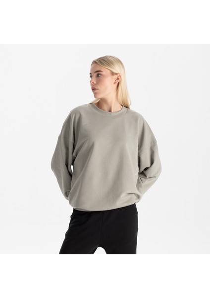 Kadın Gri %100 Organik Pamuk Bisiklet Yaka Oversize Sweatshirt