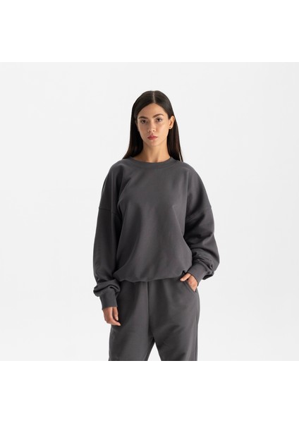 Kadın Füme %100 Organik Pamuk Bisiklet Yaka Oversize Sweatshirt