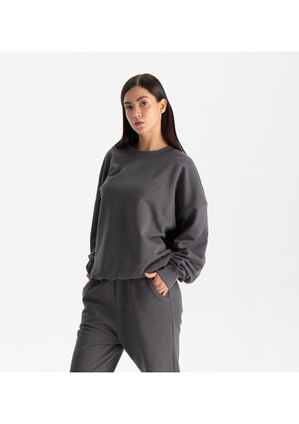 Kadın Füme %100 Organik Pamuk Bisiklet Yaka Oversize Sweatshirt