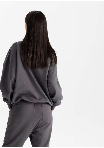 Kadın Füme %100 Organik Pamuk Bisiklet Yaka Oversize Sweatshirt
