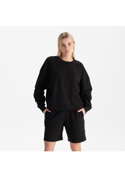 Kadın Siyah %100 Organik Pamuk Bisiklet Yaka Oversize Sweatshirt