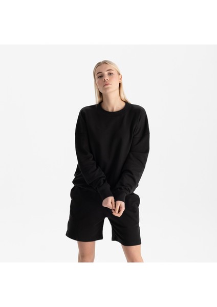 Kadın Siyah %100 Organik Pamuk Bisiklet Yaka Oversize Sweatshirt