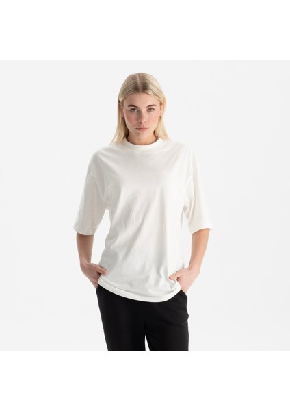 Kadın Beyaz Oversize Bisiklet Yaka %100 Organik Pamuk T-Shirt
