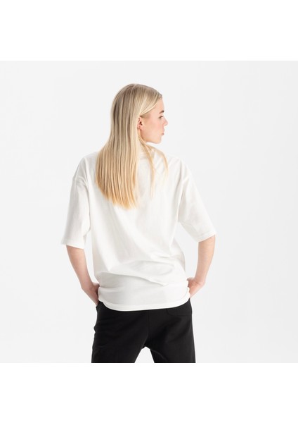 Kadın Beyaz Oversize Bisiklet Yaka %100 Organik Pamuk T-Shirt