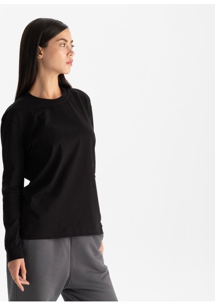 Kadın Siyah Uzun Kollu Relax Fit Bisiklet Yaka %100 Organik Pamuk T-Shirt
