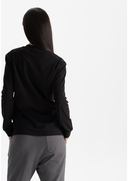 Kadın Siyah Uzun Kollu Relax Fit Bisiklet Yaka %100 Organik Pamuk T-Shirt