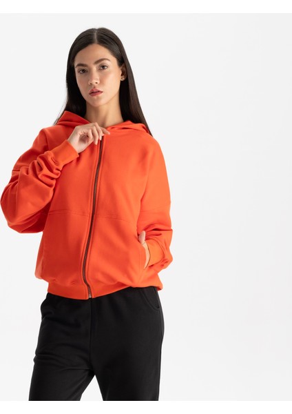 Kadın Kırmızı %100 Organik Pamuk Kanguru Cepli Fermuarlı Kapüşonlu Oversize Sweatshirt