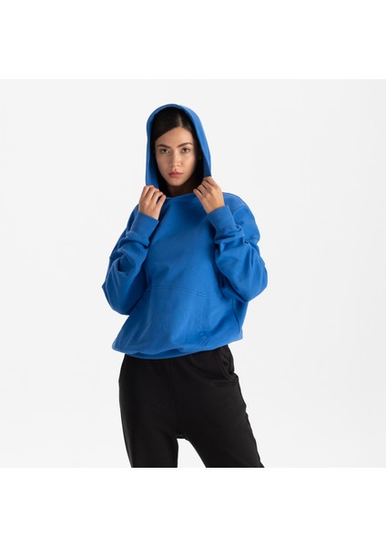 Kadın Mavi %100 Organik Pamuk Kanguru Cepli Kapüşonlu Oversize Sweatshirt