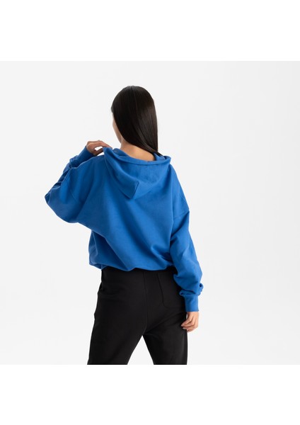 Kadın Mavi %100 Organik Pamuk Kanguru Cepli Kapüşonlu Oversize Sweatshirt