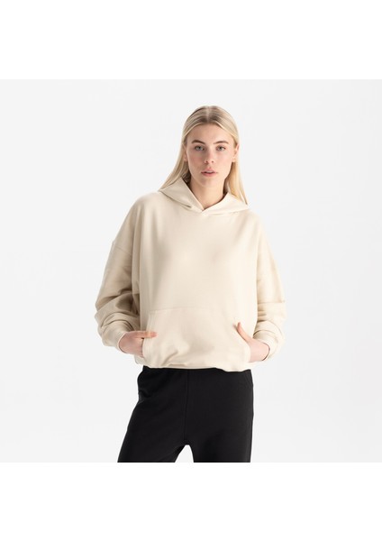 Kadın Bej %100 Organik Pamuk Kanguru Cepli Kapüşonlu Oversize Sweatshirt