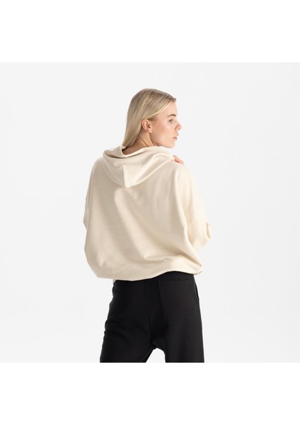 Kadın Bej %100 Organik Pamuk Kanguru Cepli Kapüşonlu Oversize Sweatshirt modelleri