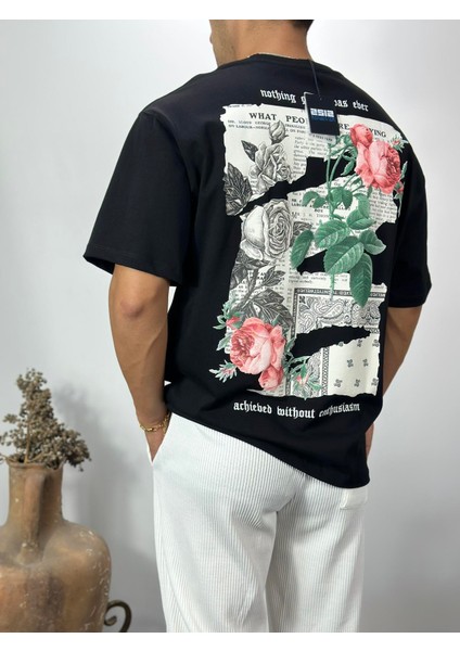 Gül Desenli Siyah Oversize T-Shirt