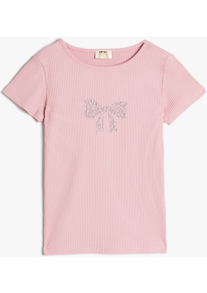 T-Shirt Fiyonk Baskılı Pul Detaylı Kısa Kollu Bisiklet Yaka Pamuklu