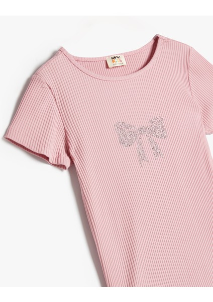 T-Shirt Fiyonk Baskılı Pul Detaylı Kısa Kollu Bisiklet Yaka Pamuklu modelleri
