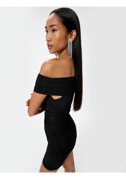 Mini Abiye Elbise Drapeli Madonna Yaka Slim Fit