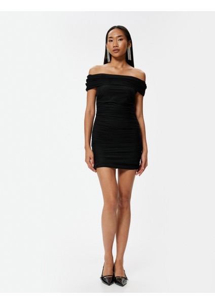 Mini Abiye Elbise Drapeli Madonna Yaka Slim Fit