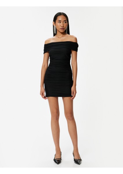 Mini Abiye Elbise Drapeli Madonna Yaka Slim Fit