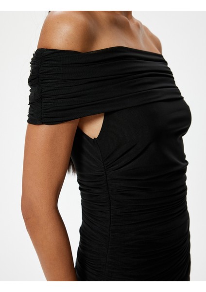 Mini Abiye Elbise Drapeli Madonna Yaka Slim Fit