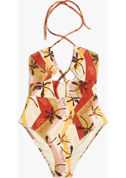 Çiçekli Halter Yaka Mayokini Astarlı Çıkarılabilir Pedli