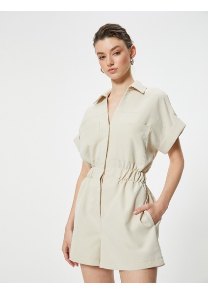 Oversize Şort Tulum Gipeli Cep Detaylı Kısa Kollu