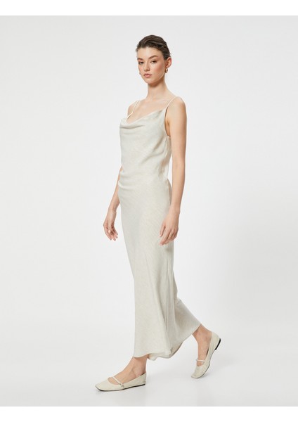 Uzun Elbise Keten Karışımlı Degaje Yaka Askılı Drapeli