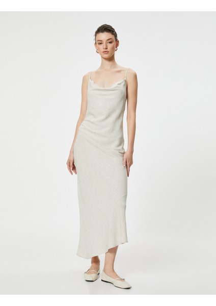 Uzun Elbise Keten Karışımlı Degaje Yaka Askılı Drapeli modelleri