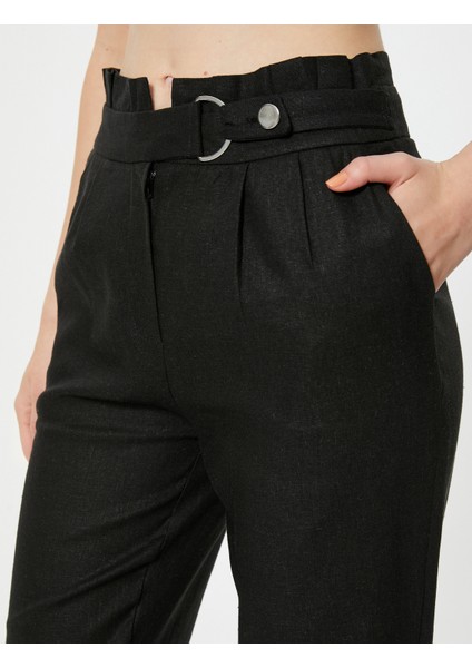 Keten Karışımlı Pantolon Düz Paça Kemer Detaylı