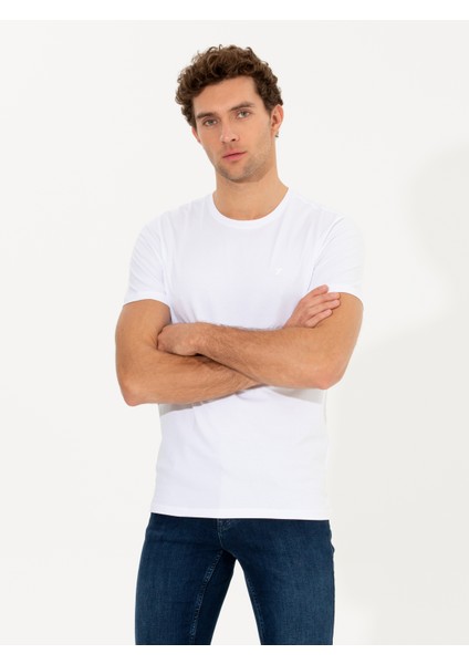 Erkek Beyaz Bisiklet Yaka Slim Fit Basic T-Shirt 50263987-VR013