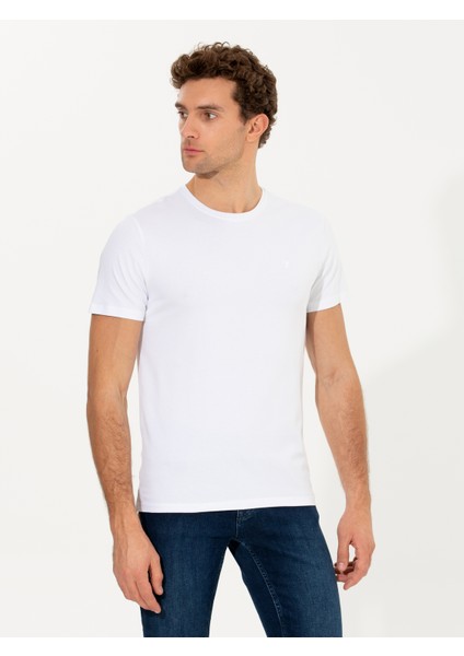 Erkek Beyaz Bisiklet Yaka Slim Fit Basic T-Shirt 50263987-VR013