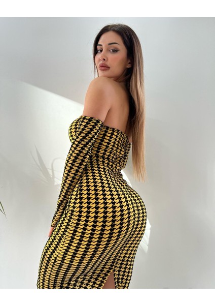 Sarı Tül Üzeri Flog Baskılı Kaz Ayağı Desenli Kolluklu Midi Elbise fiyatları